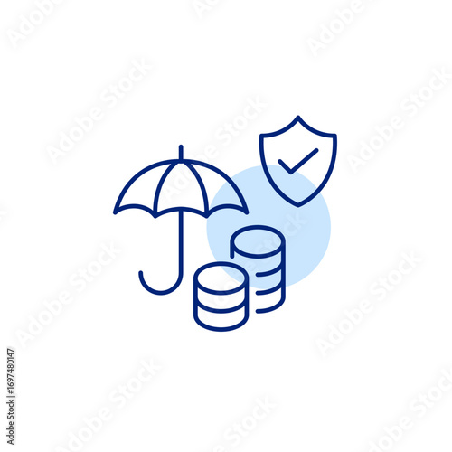 Stack of coins, shield and checkmark under umbrella. Financial protection, investment safety. Pixel perfect, editable stroke vector icon