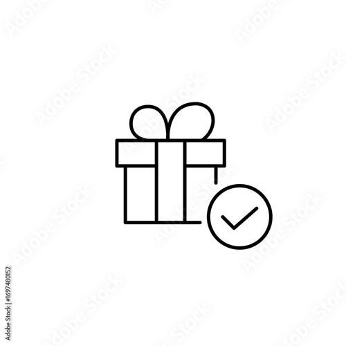 Reward unlocked, benefit confirmed. Gift and checkmark. Pixel perfect, editable stroke vector icon