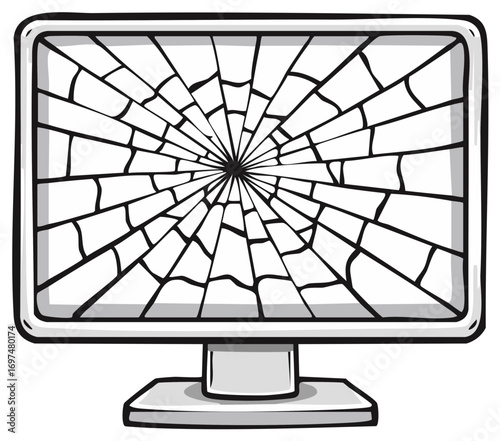 Cracked Computer Screen Displaying a Radial Web Pattern