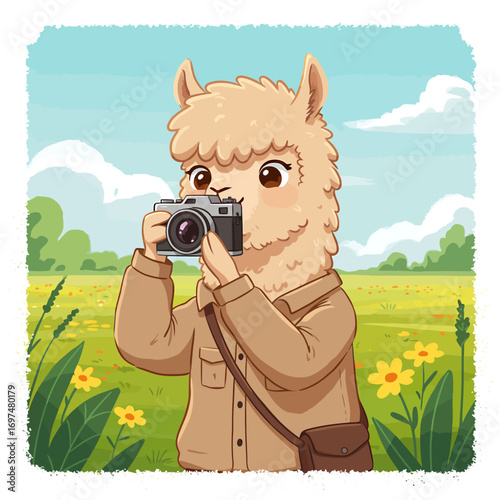 A whimsical cartoon llama photographer capturing a sunny meadow scene filled with flowers