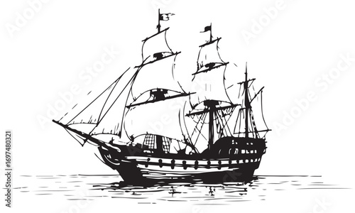 Vintage Black and White Illustration of a Classic Tall Ship Sailing