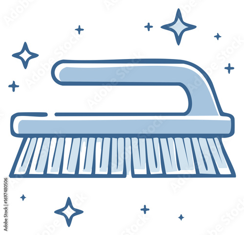 Cartoon blue cleaning brush with shining sparkles for domestic hygiene and fresh chores.
