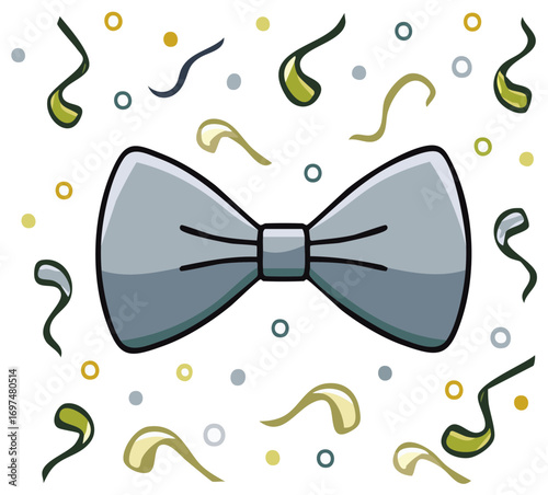 Gray bow tie surrounded by colorful confetti and streamers