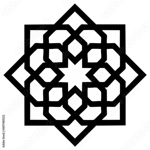 Geometric Star Pattern Design in Black and White Islamic Art Illustration