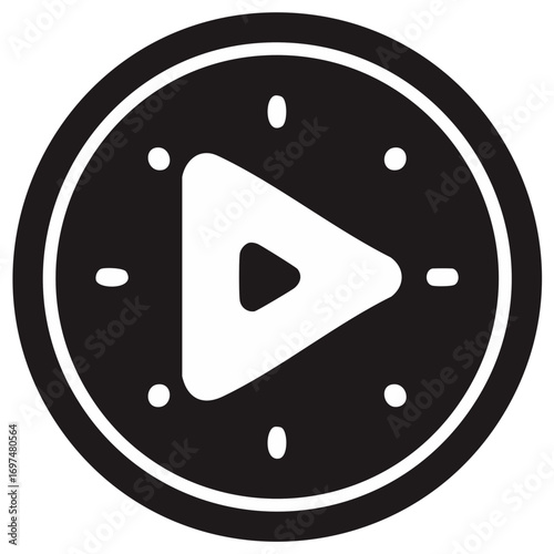 Play Button Icon Integrated into a Clock Face Symbolizing Video Playback Time