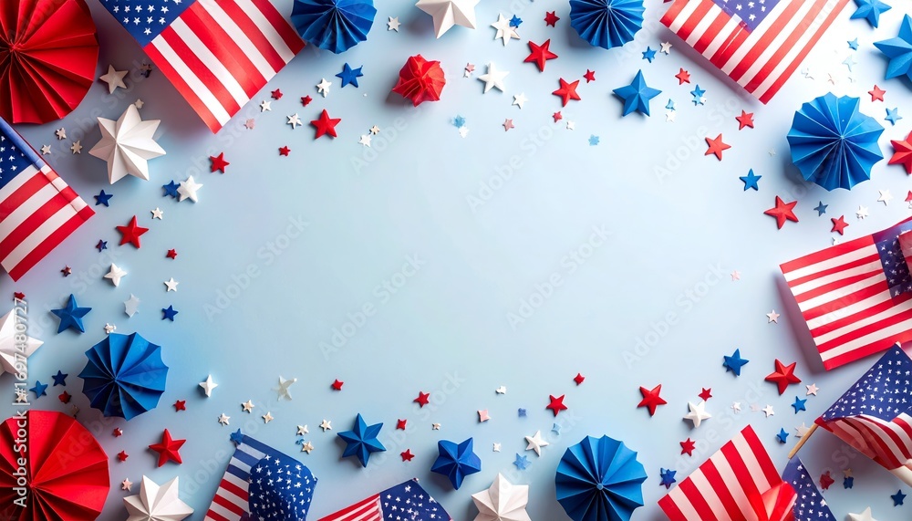 Obraz premium Festive USA Independence Day Celebration with Flags and Starry Decorations