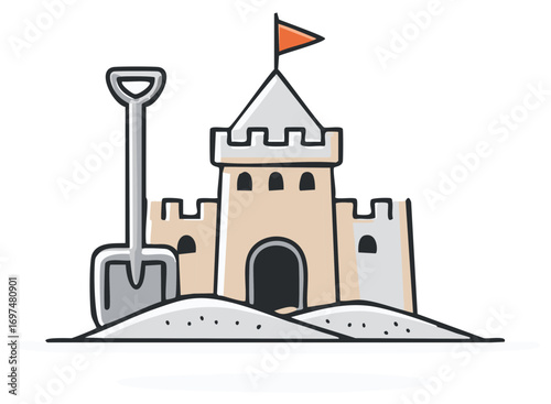 Cartoon sandcastle with shovel and orange flag, beach activity illustration