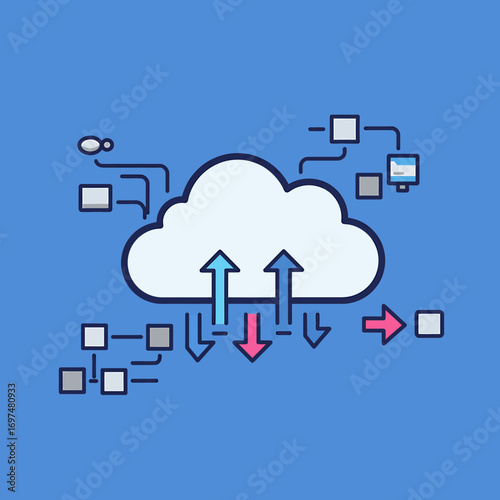 Abstract illustration of cloud computing with data transfer arrows and digital elements on blue background