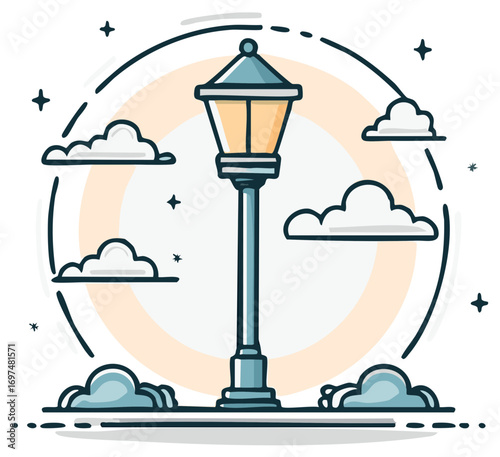 Vintage Street Lamp with Clouds and Stars Illustration