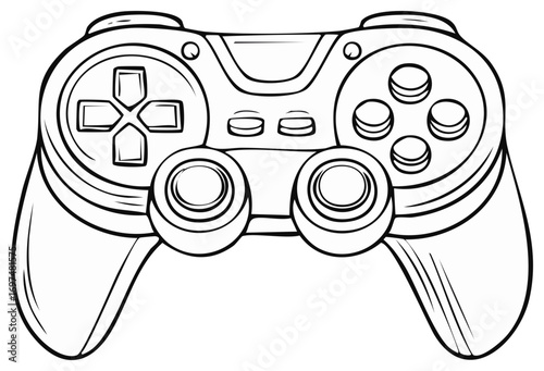 Video game controller with buttons and joysticks outlined in black and white