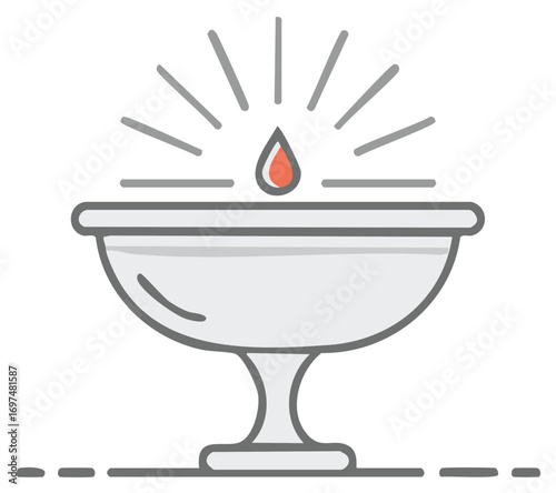 Simple Line Icon of a Baptismal Font with a Holy Water Drop and Rays of Light