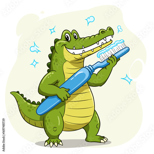 Cartoon crocodile happily brushing its teeth with a large toothbrush, showcasing dental hygiene in a playful setting