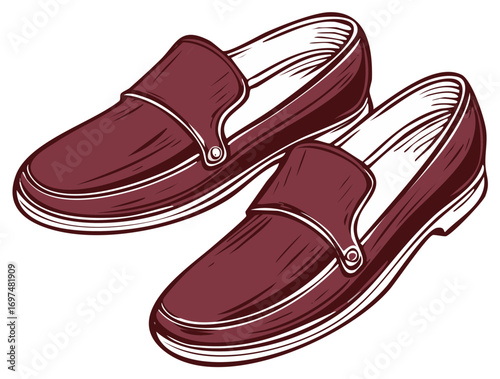 Classic men's burgundy loafers in a detailed hand-drawn vector illustration style.