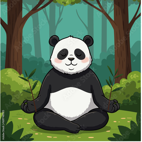 Cartoon panda meditating in a serene forest, surrounded by lush greenery and bamboo, promoting tranquility