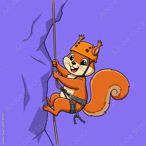 Cartoon squirrel climbing a rock face with a harness and helmet, vibrant purple background