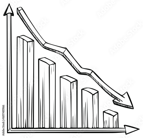 Hand-drawn illustration of a falling bar graph chart depicting declining economic trends with a descending arrow.