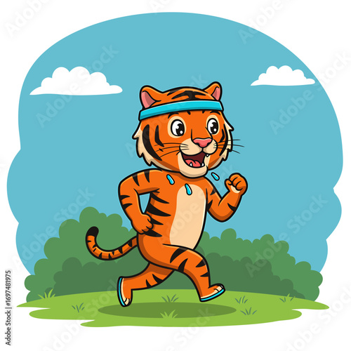 Cartoon tiger character jogging energetically in a vibrant park setting with green bushes and clouds