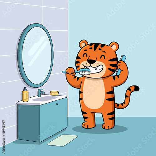 Cartoon tiger happily brushing its teeth in a bright bathroom with a mirror and toiletries
