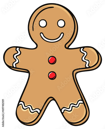 Cartoon Gingerbread Man Illustration with Button Details and Wavy Decoration for Festive and Holiday Theme
