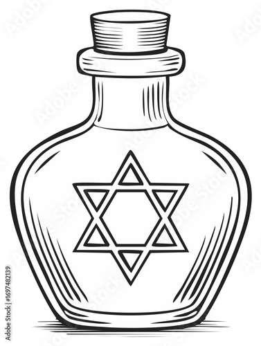 Glass jar with a cork and Star of David sign: Jewish symbol, ethnic motif, and religious element.
