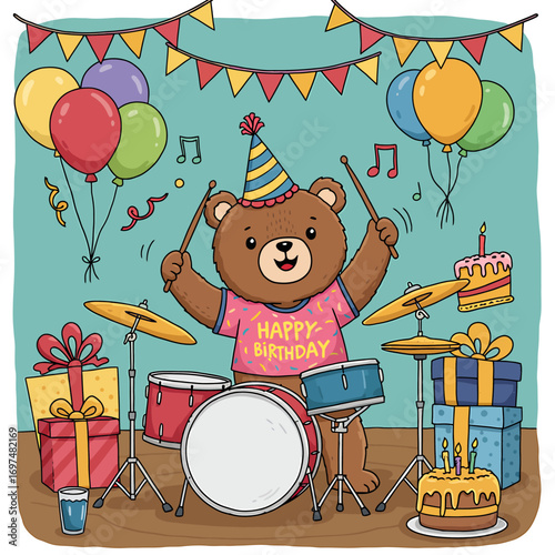 Cheerful bear wearing a birthday shirt plays drums at a festive party with balloons and gifts