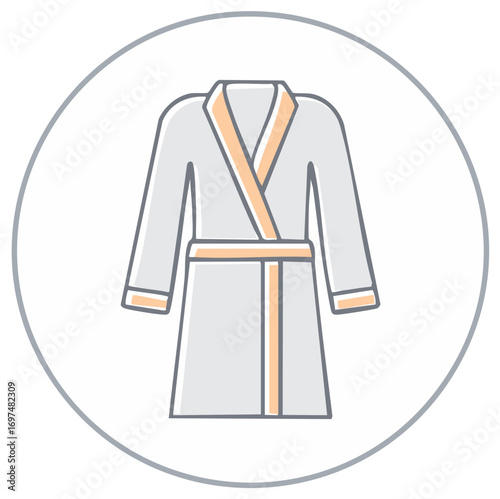 Comfortable gray bathrobe with peach trim worn by a belt tied around the waist
