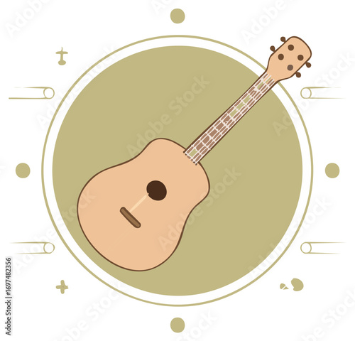 Ukulele illustration, musical instrument concept, stringed instrument with green and white circle.