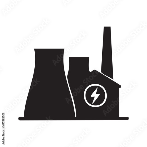 Nuclear Power Plant Silhouette with Cooling Towers Symbolizing Electricity Generation for Energy Production and Industrial Manufacturing
