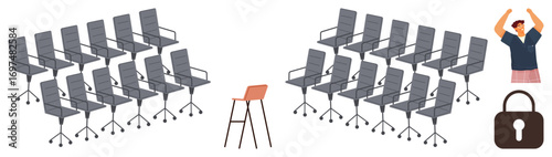 Rows of empty office chairs divided by a single workspace, frustrated worker raising arms, and lock icon. Ideal for remote work, isolation, security, job stress, inefficiency, workplace dynamics