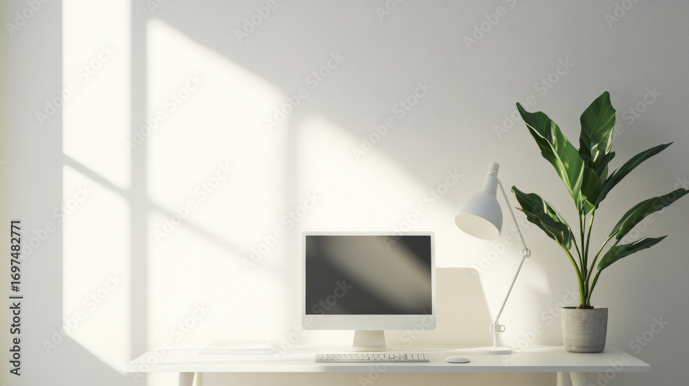 Fototapeta premium Minimalist home office setup with desktop computer and plant. Bright clean workspace with natural light.