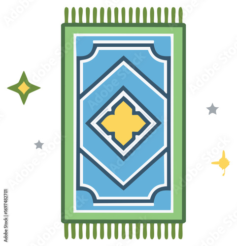 Vector illustration of a decorative rug with tassels and geometric pattern, stars on the side, traditional style