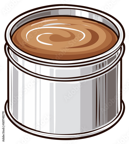 Silver metal can with brown swirled food or paint contents
