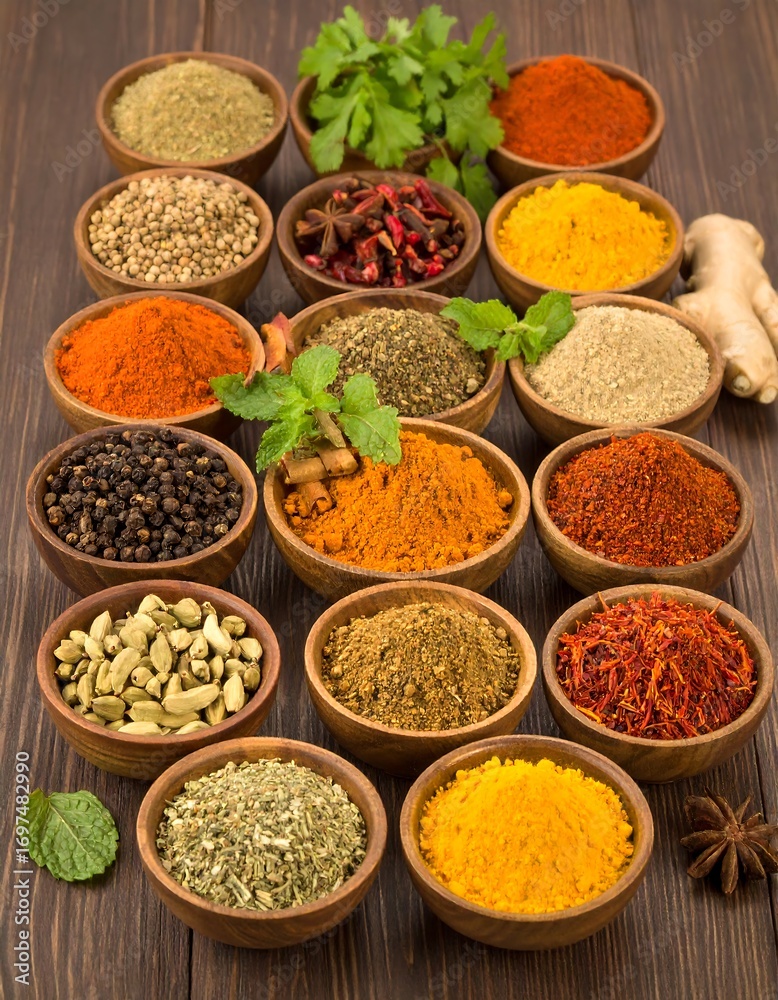 Fototapeta premium A variety of colorful spices in small wooden bowls arranged on a dark wooden surface, showcasing a collection of flavorful and aromatic ingredients.