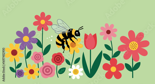 Colorful illustration of a bee pollinating vibrant flowers in a garden setting with soft background
