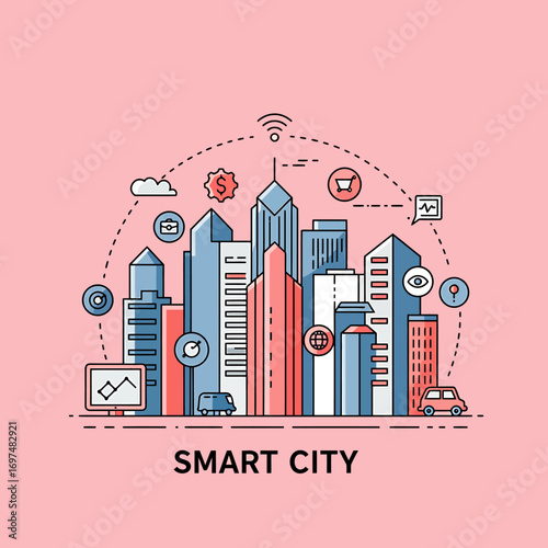 Colorful illustration of a smart city skyline with technology icons and urban elements