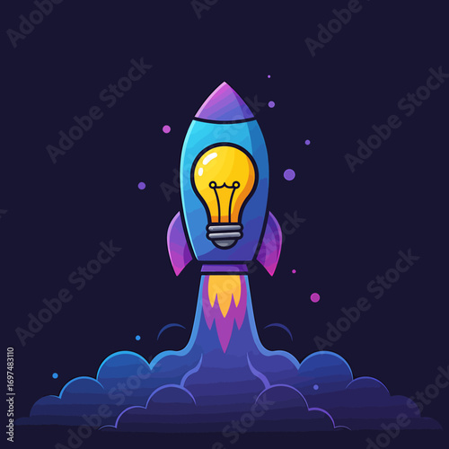 Colorful rocket launching with a glowing light bulb, surrounded by vibrant clouds and stars