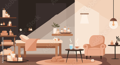 Cozy spa interior with candles, a massage table, and refreshing drinks in a serene atmosphere