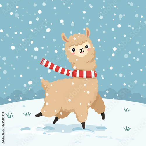 Cute alpaca wearing a red and white striped scarf joyfully playing in the snowy landscape