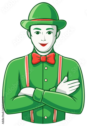 Friendly mime artist character in a green costume and bowler hat smiling with arms crossed