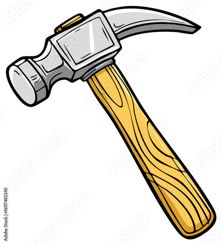 Illustration of a classic claw hammer with a wooden handle and metal head