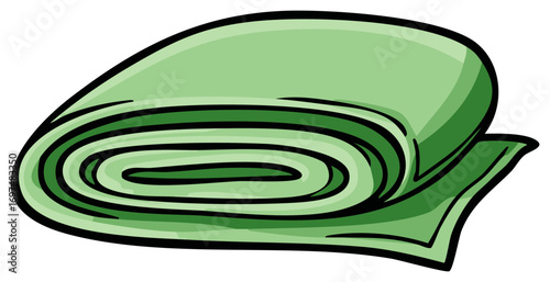 Cartoon roll of green fabric or cloth, rolled up material illustration art