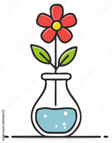 Red Flower with Green Leaves in Blue Water Vase Outline Illustration