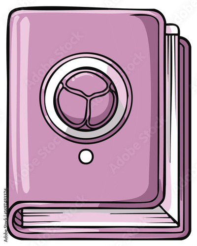 Cartoon illustration of a thick purple book with a modern circular symbol on the cover