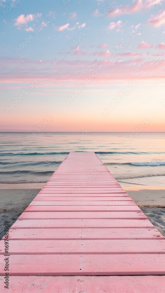 Naklejka premium Pink Wooden Pier Leading Into Calm Ocean At Sunset With Pastel Sky Symbolizing Serenity And Escape