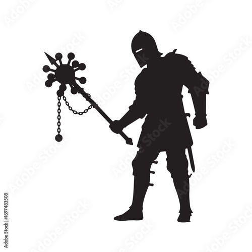 A silhouette of a medieval warrior with a morgenstern weapon against a white background..