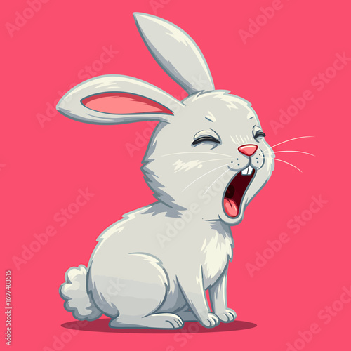 Cute cartoon rabbit yawning against a vibrant pink background, showcasing its playful expression