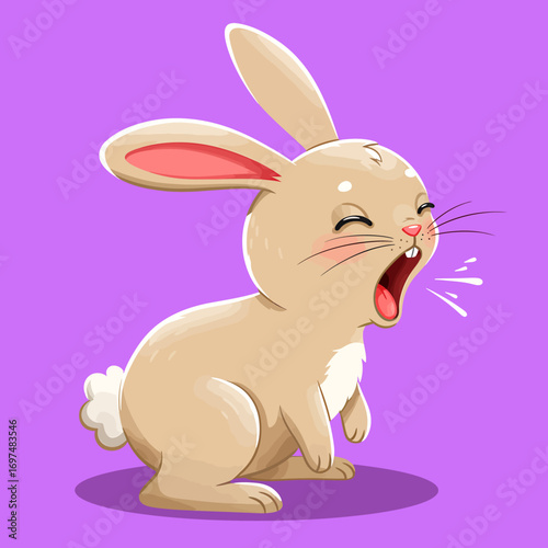 Cute cartoon rabbit yawning against a vibrant purple background, showcasing its playful demeanor