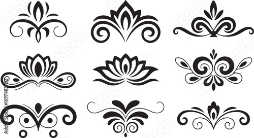 Set of nine black and white decorative elements silhouette