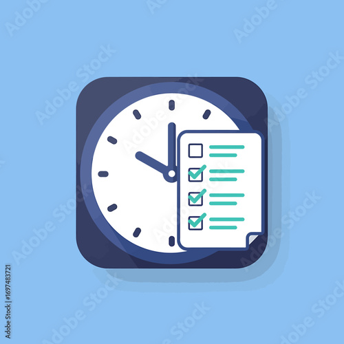 Digital clock icon with checklist on a blue background, symbolizing time management and productivity