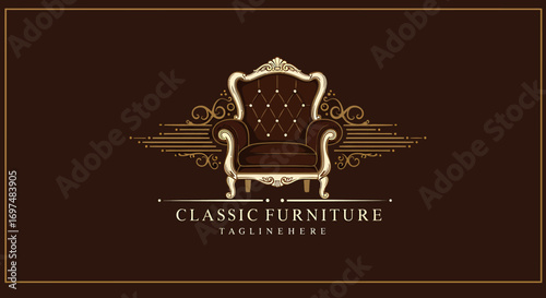 Elegant classic furniture logo featuring an ornate armchair with decorative elements on a rich background